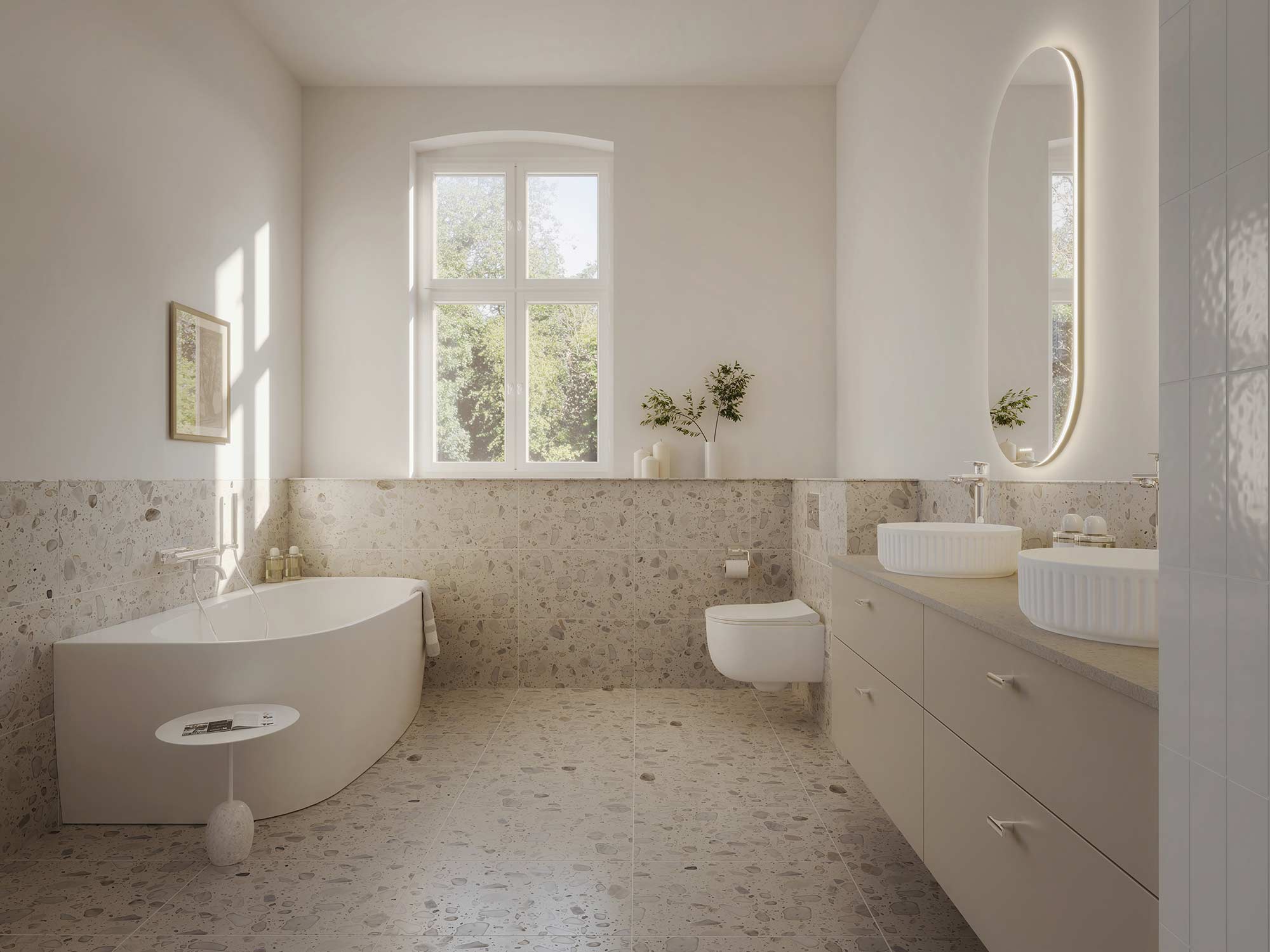 Poem underskab 160 cm i farven sand monteret på væg. Toilet og badekar placeret mod væg.